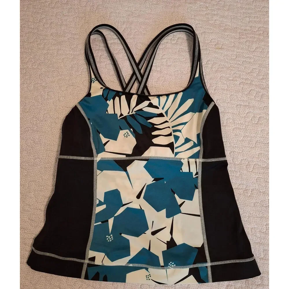 Lands' End Womens 6 Tankini Top Black Teal Floral Crisscross Strappy Back Sporty